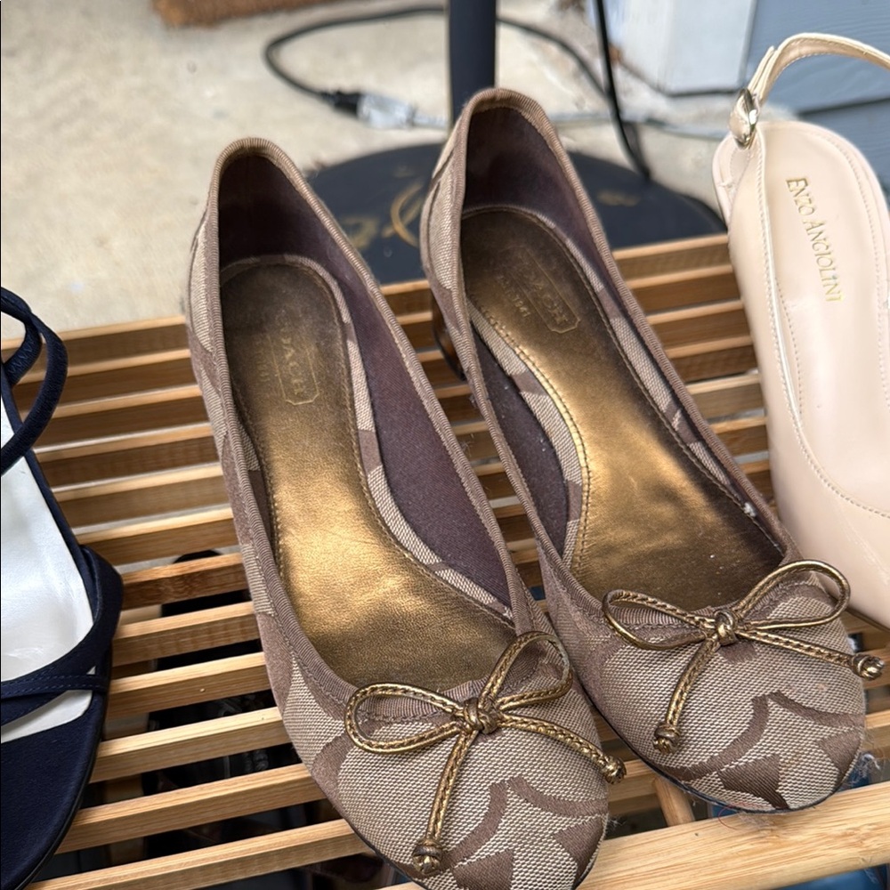 Coach Brown and Gold Flats with Bow Detail